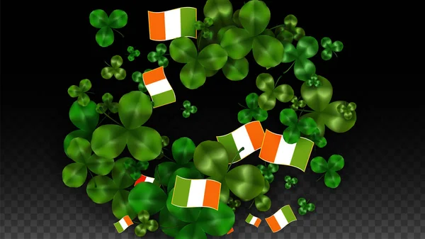 Vector klöver blad och Irland flagga isolerad på Transparent bakgrund. St. Patrick's Day Illustration. Irlands Lucky Shamrock affisch. Inbjudan för irländska konsert i Pub. Turism i Irland. — Stock vektor