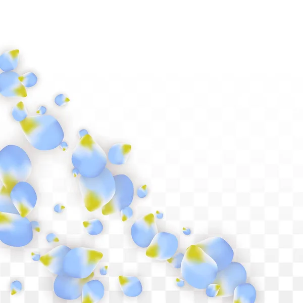 Pétalos azules realistas vectoriales cayendo sobre fondo transparente. Ilustración de flores románticas de primavera. Pétalos voladores. Sakura Spa Design. Confetti de flor . — Archivo Imágenes Vectoriales