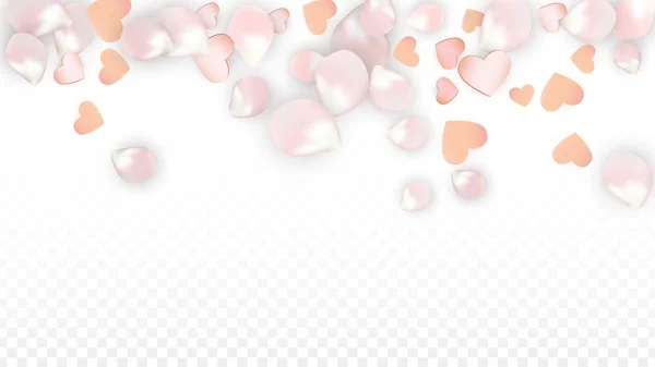 "Vector Realistic Petals and Hearts Confetti". Летающая сакура и сердечки на заднем плане. Фон свадебного приглашения. Весенний романтический плакат. Векторный подход к дизайну. — стоковый вектор