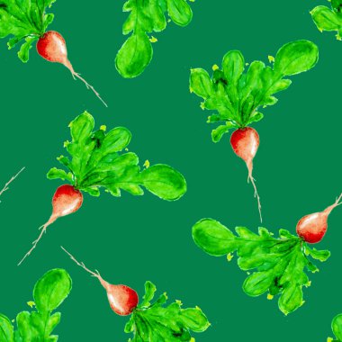 Suluboya Vegan desen. Sorunsuz elle çizilmiş sebze. Sağlıklı gıda yazdır. Bahçe arka plan. Yeşil menü, Restoran, Salat Bar, çiftçilere piyasa için tekrarlanabilir tasarım. Redish. Vejetaryen.