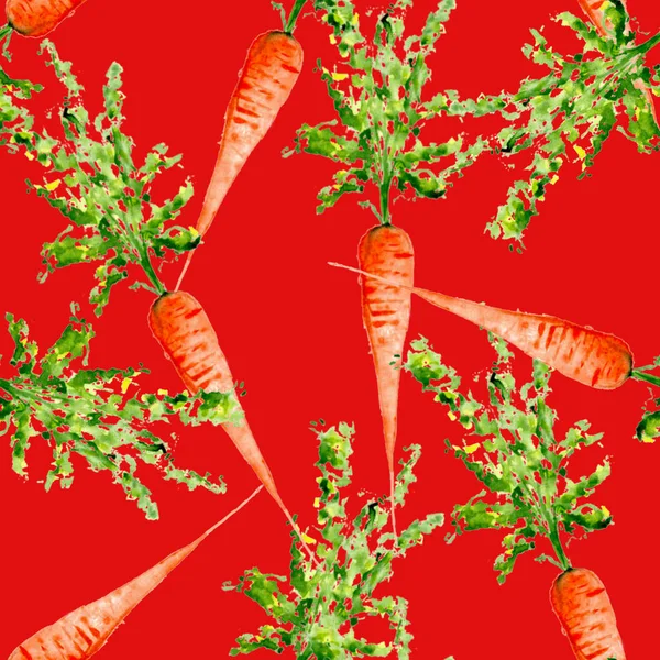 Watercolor Vegan Pattern. Seamless Hand Drawn  Vegetables. Healthy Food Print. Gardening Background. Greenery Repeatable Design for Menu, Restaurant, Salat Bar, Farmers Market. Carrot. Vegetarian. — Stock Photo, Image