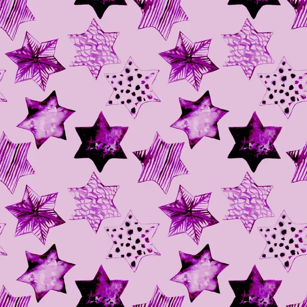 Padrão de estrelas aquarela sem costura. Fundo Festivo Mágico. Estrelas Doodle desenhadas à mão. Baby Design. Abstract Rapport for Wallpaper, Têxtil, Linho, Envolvimento, Cartazes, Cartões, Banner. Ano Novo, Aniversário — Fotografia de Stock