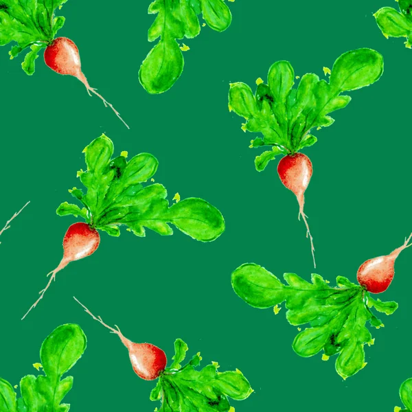 Suluboya Vegan desen. Sorunsuz elle çizilmiş sebze. Sağlıklı gıda yazdır. Bahçe arka plan. Yeşil menü, Restoran, Salat Bar, çiftçilere piyasa için tekrarlanabilir tasarım. Redish. Vejetaryen.