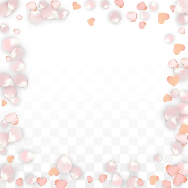 Vector realista pétalos y corazones Confetti. Flying Sakura and Hearts on Transparent Background (en inglés). Fondo de invitación de boda. Cartel del romance de primavera. Ilustración vectorial para el diseño del aniversario. — Vector de stock