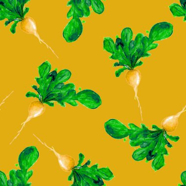 Suluboya Vegan desen. Sorunsuz elle çizilmiş sebze. Sağlıklı gıda yazdır. Bahçe arka plan. Yeşil menü, Restoran, Salat Bar, çiftçilere piyasa için tekrarlanabilir tasarım. Redish. Vejetaryen.