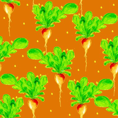 Suluboya Vegan desen. Sorunsuz elle çizilmiş sebze. Sağlıklı gıda yazdır. Bahçe arka plan. Yeşil menü, Restoran, Salat Bar, çiftçilere piyasa için tekrarlanabilir tasarım. Redish. Vejetaryen.