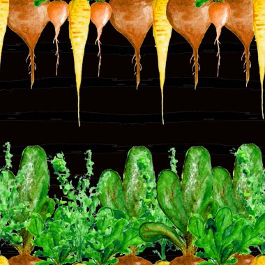 Suluboya Vegan deseni. Kusursuz El Çekimi Sebzeler. Sağlıklı yemek baskısı. Bahçıvanlık geçmişi. Yeşillik Menü, Restoran, Salat Bar, Çiftçi Pazarı için Tekrarlanabilir Tasarım. Havuç, havuç, pancar..