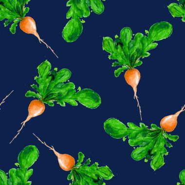 Suluboya Vegan desen. Sorunsuz elle çizilmiş sebze. Sağlıklı gıda yazdır. Bahçe arka plan. Yeşil menü, Restoran, Salat Bar, çiftçilere piyasa için tekrarlanabilir tasarım. Redish. Vejetaryen.