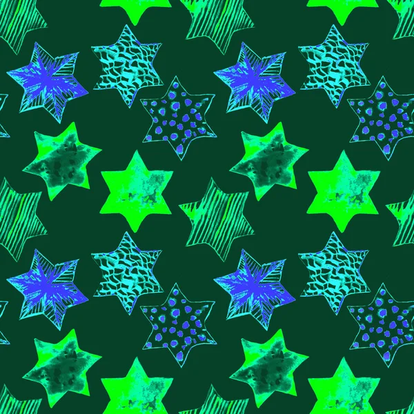 Sömlös akvarell stjärnor mönster. Magiska festliga bakgrund. Handritad Doodle stjärnor. Baby Design. Abstrakta Rapport för tapeter, textilier, linne, omslag, affischer, kort, Banner. Nyår, födelsedag — Stockfoto