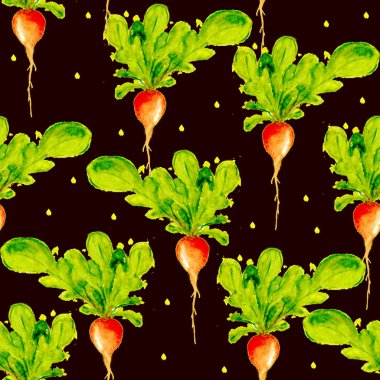 Suluboya Vegan desen. Sorunsuz elle çizilmiş sebze. Sağlıklı gıda yazdır. Bahçe arka plan. Yeşil menü, Restoran, Salat Bar, çiftçilere piyasa için tekrarlanabilir tasarım. Redish. Vejetaryen