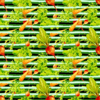 Suluboya Vegan deseni. Kusursuz El Çekimi Sebzeler. Sağlıklı yemek baskısı. Bahçıvanlık geçmişi. Yeşillik Menü, Restoran, Salat Bar, Çiftçi Pazarı için Tekrarlanabilir Tasarım. Havuç, havuç, pancar..