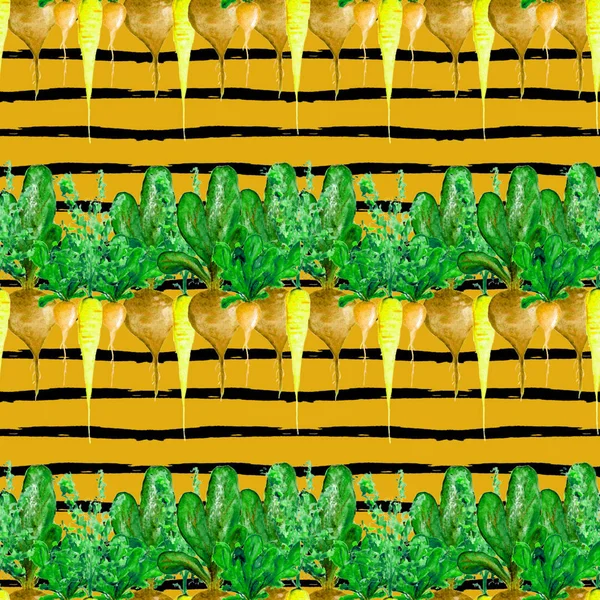 水彩ビーガン柄 手描きの野菜をシームレスに 健康食品印刷 庭師の経歴 緑メニュー レストラン サラットバー ファーマーズマーケットのための繰り返し可能なデザイン ニンジン ビート — ストック写真