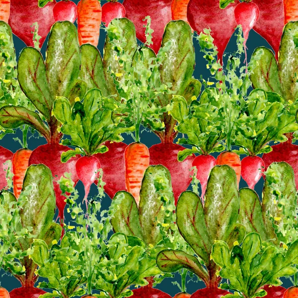 水彩画图案 无缝制手绘蔬菜 健康食品印刷 园艺背景 色拉酒吧 农贸市场的绿菜重复设计 胡萝卜 — 图库照片