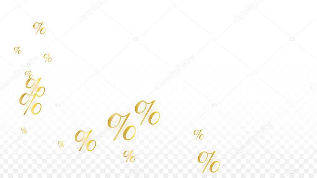 Luxury Vector Gold Percentage Sign Confetti on Transparent. Percent Sale Background. Business, Economics Print. Discount Illustration. Promotion Poster. Black Friday Banner. Special offer Template.