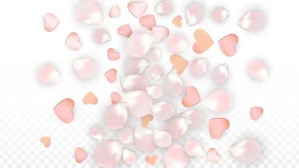 Vektorové realistické okvětní lístky a srdce Confetti. Létající Sakura a srdce na průhledném pozadí. Pozvánka na svatbu. Jarní romantický plakát. Vektorová ilustrace pro návrh výročí. — Stockový vektor