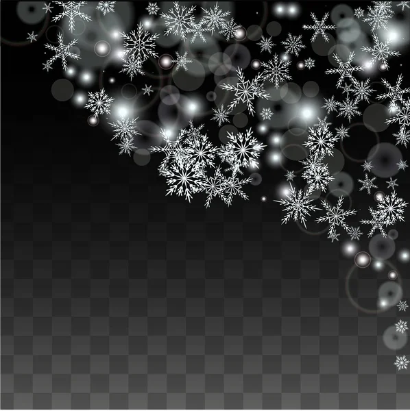 Χριστουγεννιάτικο διανυσματικό φόντο με λευκές νιφάδες χιονιού που πέφτουν απομονωμένες σε διαφανές φόντο. Ρεαλιστικό μοτίβο λάμψης χιονιού. Αποτυπώματα χιονιού. Χειμερινός ουρανός. Σχεδιασμός για Πρόσκληση Κόμμα. — Διανυσματικό Αρχείο