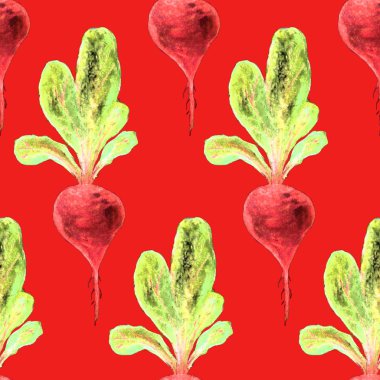 Suluboya Vegan desen. Sorunsuz elle çizilmiş sebze. Sağlıklı gıda yazdır. Bahçe arka plan. Yeşil menü, Restoran, Salat Bar, çiftçilere piyasa için tekrarlanabilir tasarım. Pancar. Vejetaryen