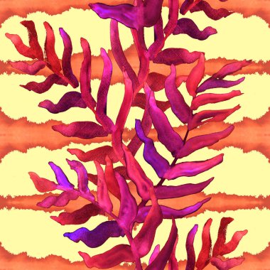 Suluboya El, Palm Leaves ve Shibori Batic Stripes 'lı tropikal desenli yaz çizimi. Tekstil için yeşillik dokusu, plaj modası, ambalaj kağıdı, duvar kağıdı. Cennet Ormanı. Hawaii Dili