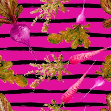 Suluboya Vegan deseni. Kusursuz El Çekimi Sebzeler. Sağlıklı yemek baskısı. Bahçıvanlık geçmişi. Yeşillik Menü, Restoran, Salat Bar, Çiftçi Pazarı için Tekrarlanabilir Tasarım. Havuç, havuç, pancar..