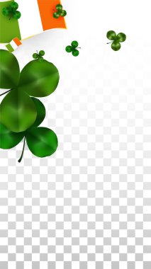 Vektör yonca yaprağı ve şeffaf arka plan üzerinde izole İrlanda bayrağı. Aziz Patrick günü illüstrasyon. İrlanda'nın Lucky Shamrock Poster. Pub İrlandalı konser için davet. İrlanda'da turizm.