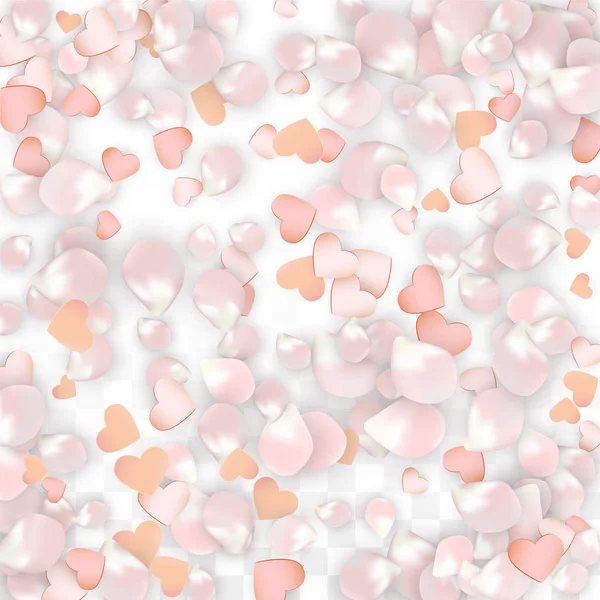 Vector realista pétalos y corazones Confetti. Flying Sakura and Hearts on Transparent Background (en inglés). Fondo de invitación de boda. Cartel del romance de primavera. Ilustración vectorial para el diseño del aniversario. — Archivo Imágenes Vectoriales