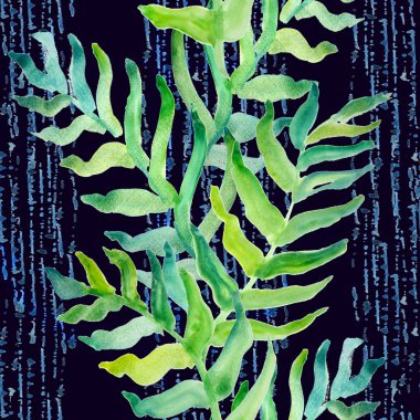 Suluboya El, Palm Leaves ve Shibori Batic Stripes 'lı tropikal desenli yaz çizimi. Tekstil için yeşillik dokusu, plaj modası, ambalaj kağıdı, duvar kağıdı. Cennet Ormanı. Hawaii Dili