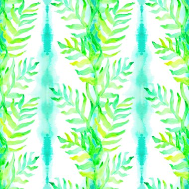 Suluboya El, Palm Leaves ve Shibori Batic Stripes 'lı tropikal desenli yaz çizimi. Tekstil için yeşillik dokusu, plaj modası, ambalaj kağıdı, duvar kağıdı. Cennet Ormanı. Hawaii Dili