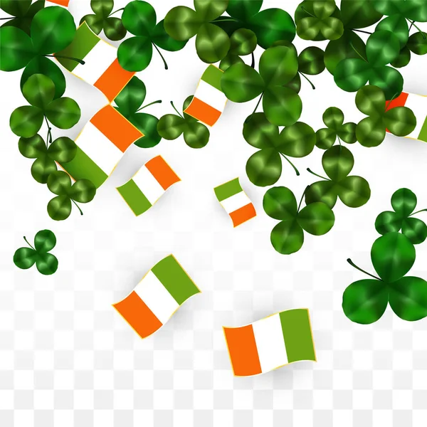 クローバーの葉と透明な背景に分離されたアイルランド国旗をベクトルします。聖パトリックの日のイラストです。アイルランドの幸運のシャムロックのポスター。パブでアイルランドのコンサートの招待状。アイルランドの観光. — ストックベクタ