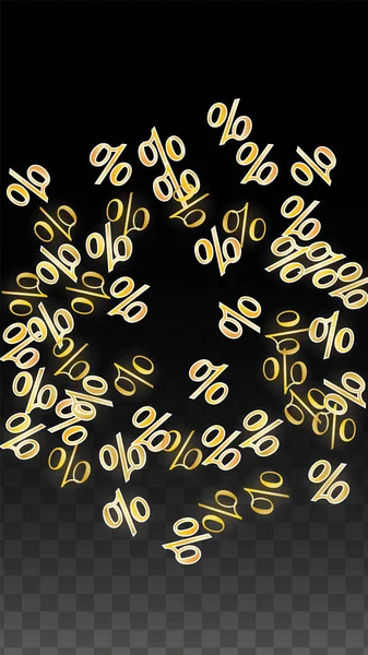 Luxus Vector Gold Percentage Sign Confetti auf Transparent. Prozent Verkaufshintergrund. Betriebswirtschaft, VWL Print. Discount Illustration. Werbeplakat. Banner zum Black Friday. Vorlage für Sonderangebote. — Stockvektor