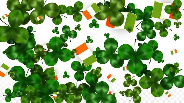 Foglia di trifoglio vettoriale e bandiera irlandese isolata su sfondo trasparente. Illustrazione del giorno di San Patrizio. Poster Lucky Shamrock in Irlanda. Invito per il Concerto Irlandese al Pub. Turismo in Irlanda . — Vettoriale Stock