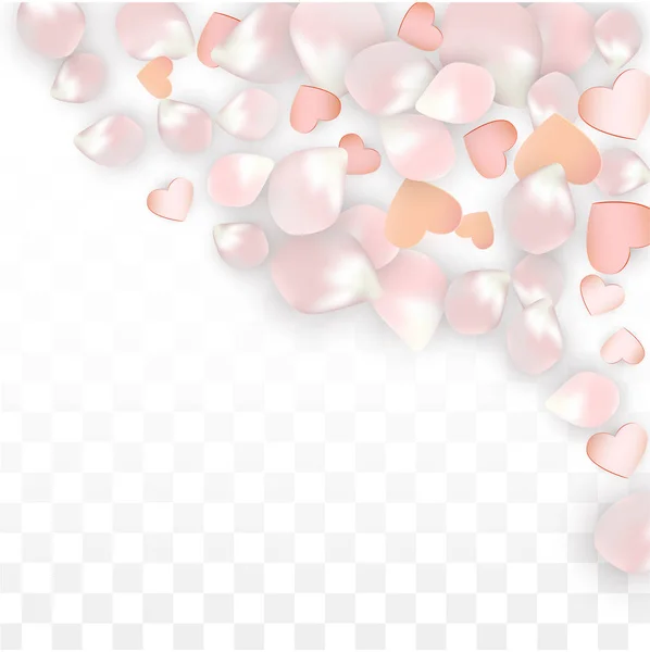 Vector realista pétalos y corazones Confetti. Flying Sakura and Hearts on Transparent Background (en inglés). Fondo de invitación de boda. Cartel del romance de primavera. Ilustración vectorial para el diseño del aniversario. — Vector de stock