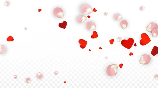 Vector realista pétalos y corazones Confetti. Flying Rose and Hearts on Transparent Background (en inglés). Fondo de invitación de boda. Frontera Romántica de Primavera. Ilustración en rosa para el diseño de propuestas. — Archivo Imágenes Vectoriales