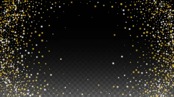 Gold Glitter Vector Texture op een Zwart. Gouden gloeipatroon. Gouden Kerst en Nieuwjaar Sneeuw. Golden Explosion van Confetti. Sterrenstof. Abstract Knipperende achtergrond met een Party Lights Design. — Stockvector
