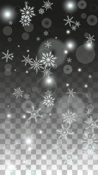 Рождественский векторный фон с белыми снежинками, изолированными на прозрачном фоне. Реалистичный образец снежной искры. Печать снегопада. Зимнее небо. Дизайн приглашения на вечеринку. — стоковый вектор