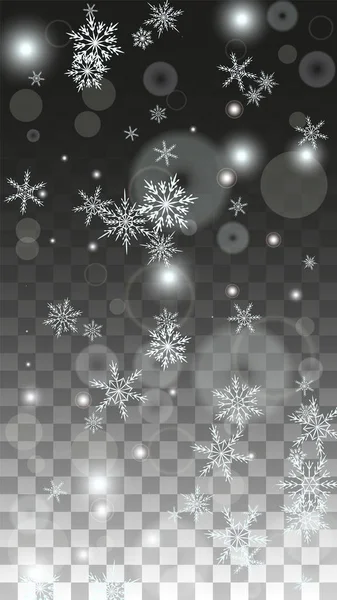 크리스마스 Vector Background with White Falling Snowflakes Isolated on Transparent Background. 현실적 인 스노우 스파클 패턴. Snowfall Overlay Print 의 약자이다. 겨울 하늘. 파티 초대를 위한 설계. — 스톡 벡터