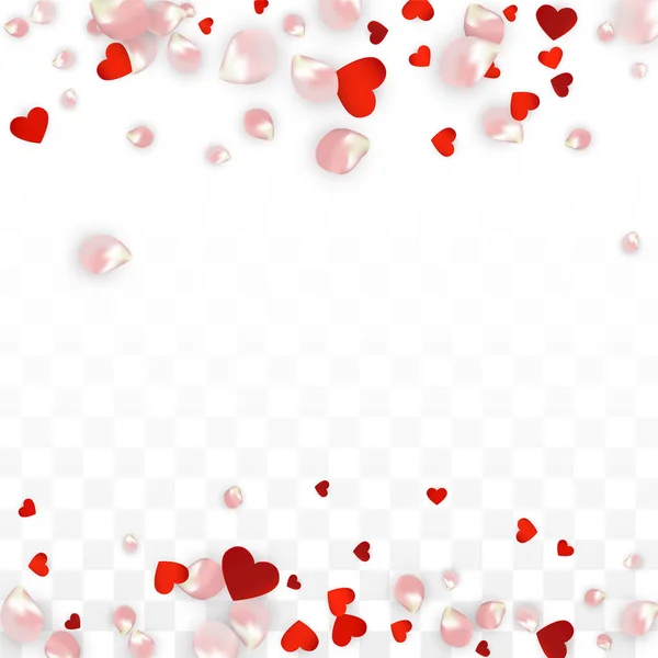 Confettis vectoriels réalistes de pétales et de coeurs. Flying Rose and Hearts sur fond transparent. Saint-Valentin Contexte. Affiche Romance Printemps. Illustration en rose pour Amour Design . — Image vectorielle