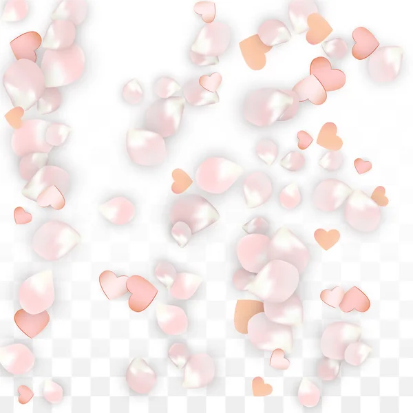 Vector realista pétalos y corazones Confetti. Flying Sakura and Hearts on Transparent Background (en inglés). Fondo de invitación de boda. Cartel del romance de primavera. Ilustración vectorial para el diseño del aniversario. — Archivo Imágenes Vectoriales