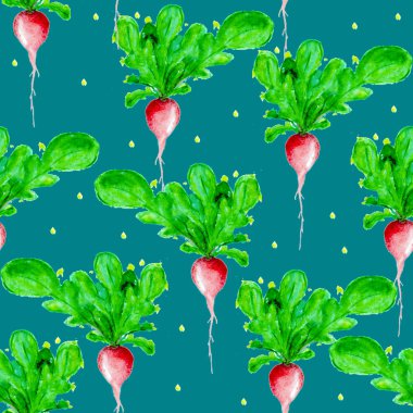 Suluboya Vegan desen. Sorunsuz elle çizilmiş sebze. Sağlıklı gıda yazdır. Bahçe arka plan. Yeşil menü, Restoran, Salat Bar, çiftçilere piyasa için tekrarlanabilir tasarım. Redish. Vejetaryen