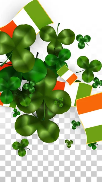 Vector klöver blad och Irland flagga isolerad på Transparent bakgrund. St. Patrick's Day Illustration. Irlands Lucky Shamrock affisch. Inbjudan för irländska konsert i Pub. Turism i Irland. — Stock vektor