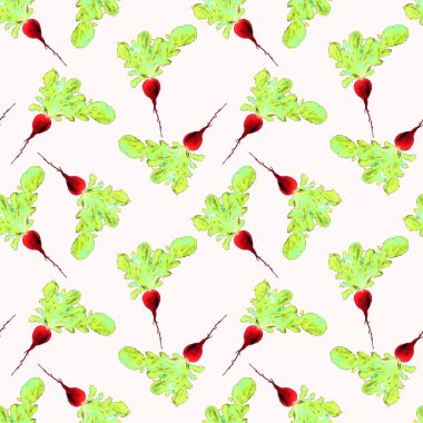 Suluboya Vegan desen. Sorunsuz elle çizilmiş sebze. Sağlıklı gıda yazdır. Bahçe arka plan. Yeşil menü, Restoran, Salat Bar, çiftçilere piyasa için tekrarlanabilir tasarım. Redish. Vejetaryen.