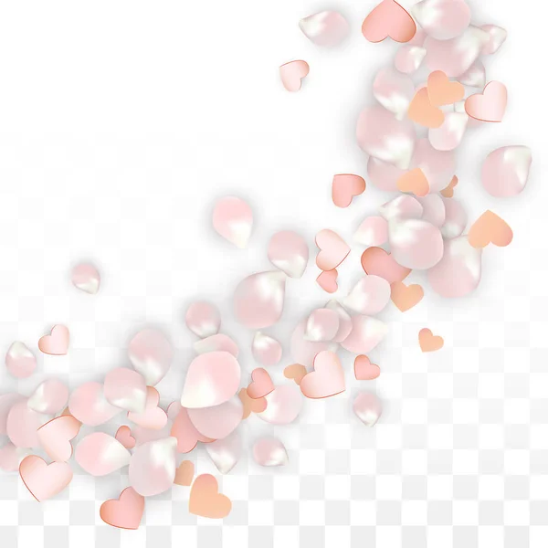 Confettis vectoriels réalistes de pétales et de coeurs. Flying Sakura and Hearts on Transparent Background. Invitation de mariage Contexte. Affiche Romance Printemps. Illustration vectorielle pour le design anniversaire. — Image vectorielle