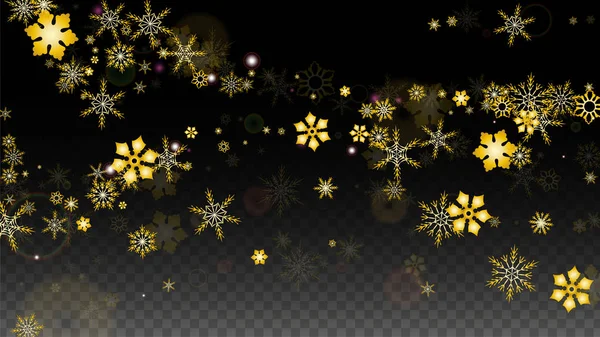 크리스마스 Vector Background with Gold Falling Snowflakes Isolated on Transparent Background. 현실적 인 스노우 스파클 패턴. Snowfall Overlay Print 의 약자이다. 겨울 하늘. 파티 초대를 위한 설계. — 스톡 벡터