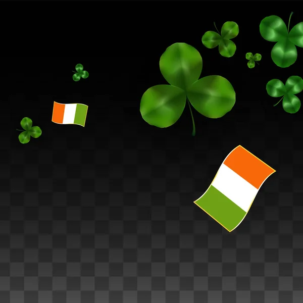 Hoja de trébol vectorial y bandera de Irlanda aislada sobre fondo transparente. St. Patrick 's Day Illustration. El cartel de Lucky Shamrock de Irlanda. Invitación al Concierto Irlandés en el Pub. Turismo en Irlanda . — Vector de stock