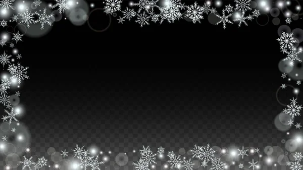 Fondo vectorial navideño con copos de nieve blancos que caen aislados sobre fondo transparente. Patrón realista de chispas de nieve. Impresión de capa de nieve. Cielo de invierno. Diseño para la invitación del partido. — Archivo Imágenes Vectoriales