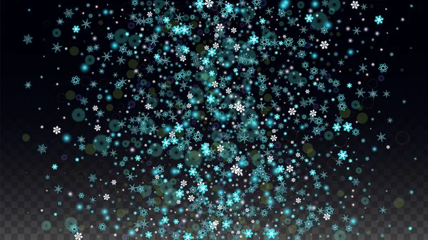 투명 한 배경에 고립 된 블루 떨어지는 눈송이와 크리스마스 벡터 배경. 현실적인 눈 스파클 패턴입니다. 적설량 오버레이 인쇄. 겨울 하늘입니다. 파티 초대장에 대 한 디자인. — 스톡 벡터
