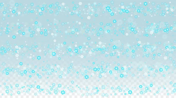 Weihnachten Vektor Hintergrund mit blau fallenden Schneeflocken isoliert auf transparentem Hintergrund. realistische Schneefunkelmuster. Schneefall überlagert Druck. Winterhimmel. Entwurf für Party-Einladung. — Stockvektor