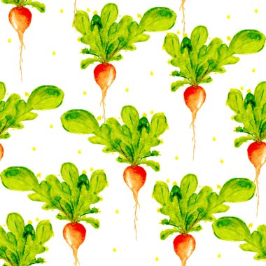 Suluboya Vegan desen. Sorunsuz elle çizilmiş sebze. Sağlıklı gıda yazdır. Bahçe arka plan. Yeşil menü, Restoran, Salat Bar, çiftçilere piyasa için tekrarlanabilir tasarım. Redish. Vejetaryen