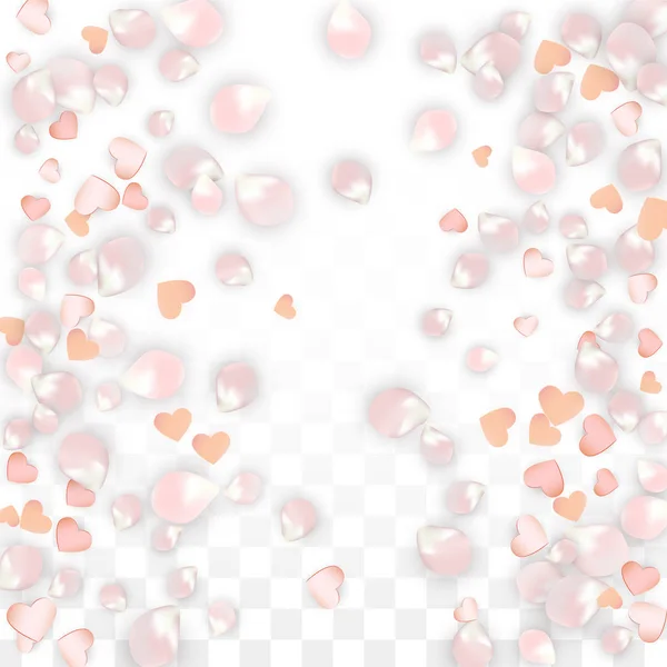 Vetor Realista Pétalas e Corações Confetti. Voando Sakura e Corações em Fundo Transparente. Convite de casamento fundo. Cartaz do Romance da Primavera. Ilustração vetorial para design de aniversário. —  Vetores de Stock