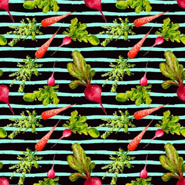 Suluboya Vegan deseni. Kusursuz El Çekimi Sebzeler. Sağlıklı yemek baskısı. Bahçıvanlık geçmişi. Yeşillik Menü, Restoran, Salat Bar, Çiftçi Pazarı için Tekrarlanabilir Tasarım. Havuç, havuç, pancar..