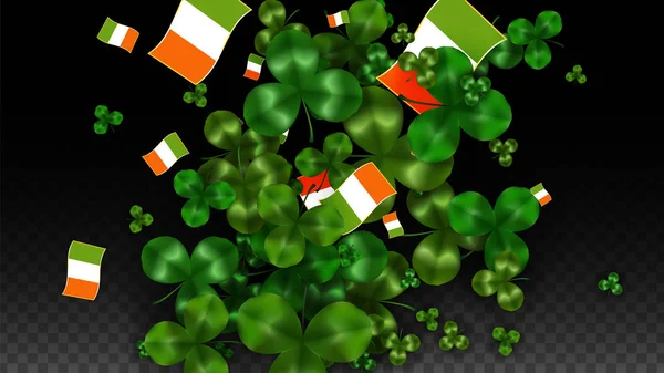 Vector klöver blad och Irland flagga isolerad på Transparent bakgrund. St. Patrick's Day Illustration. Irlands Lucky Shamrock affisch. Inbjudan för irländska konsert i Pub. Turism i Irland. — Stock vektor